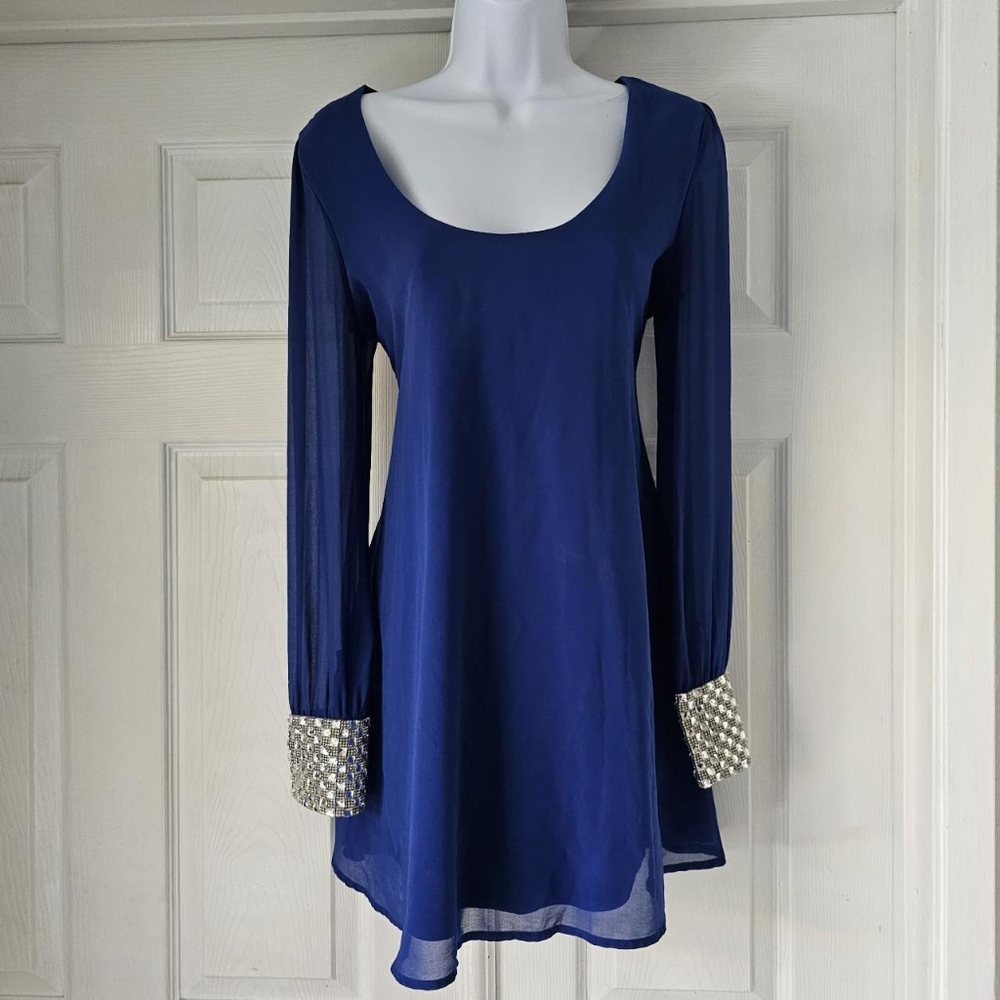 NWT windsor jeweled wrist bishop style sleeve blue mini dressSize small